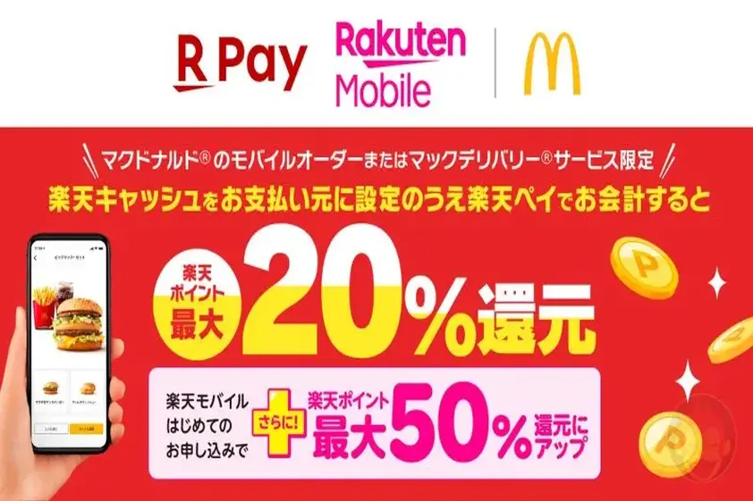 楽天ペイ×マクドナルドで最大50%還元キャンペーン開始。楽天モバイル新規契約で還元率大幅アップ イメージ